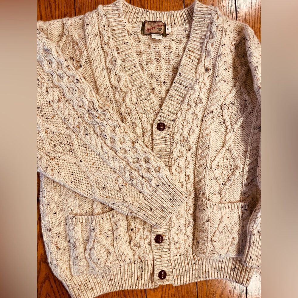 Vintage Leelanau Trail Men’s Cardigan, beige with flecks of color, size large